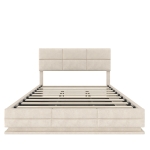 Das samtgepolsterte Bett misst 180 x 200 cm, verfügt über verstellbare Kopfteilhöhe, LED-Beleuchtung und XXL-Stauraum. Es ist ohne Matratze erhältlich, mit den Gesamtmaßen 182 cm x 206 cm x (105-110-115 cm), Beige