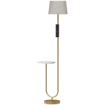 HOMCOM Modern Floor Lamp with Shelf, Dimmable Floor Lamp with Linen Shade, RF Remote and Foot Switch for Living Room, Gold Tone