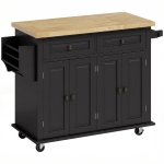 HOMCOM Ilha Central de Cozinha com Tampo em Hévea Carrinho de Cozinha com Rodízios e 2 Gavetas 111x44,5x82,5 cm Preto