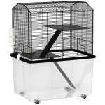 PawHut Gaiola para Hamster com Base Funda, Plataforma, Comedouro, Bebedouro, Rampa e Rodas 57x43x74 cm Preto