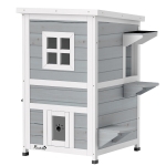 PawHut Casota Exterior para Gatos em Madeira de 2 Níveis com Telhado Basculante, Plataformas de Salto e Portas, 51x51x81,3 cm, Cinzento
