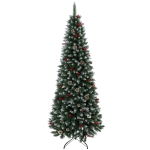 HOMCOM Árvore de Natal Nevada Tipo Lápis 210 cm Estreita com Bagas Vermelhas, Pinhas e 818 Pontas Verde