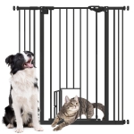 PawHut Extra Tall Pet Gate, Indoor Dog Safety Gate, with Cat Flap, Auto Close, 74-101cm Wide - Black