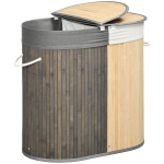 HOMCOM Cesto para Ropa Sucia de Bambú Capacidad de 100L Cesta para la Colada con 2 Compartimentos 62,5x37x60,5 cm Gris