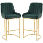 HOMCOM Bar Stools Set of 2 with Backrest, Footrest, Gold Electroplated Legs for Kitchen Island, Dining Room, Dark Green