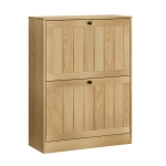 Slim Oak Hidden Shoe Cabinet with 2 Drop-Down Drawers, Mid-Century Freestanding Shoe Cabinet for Hallway, 60L x 24W x 80H cm, Oak