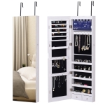 HOMCOM Espelho com Móvel de Bijuterias de Parede ou Porta Espelho de Parede com LED 5 Prateleiras 2 Gavetas pequenas e Fechadura 37x120x10cm Cinza Claro