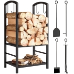 Outsunny Estante de Leña para chimenea Soporte para Leña de 2 Niveles Leñero Exterior e Interior Metálico con 4 Herramientas para Chimenea Carga Máx.100 kg 40x30x74,5 cm Negro