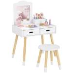ZONEKIZ Toucador Infantil de Madeira com Banco Espelho e 2 Gavetas Brinquedo Educativo para Crianças de 3-6 Anos 60x40x95cm Branco