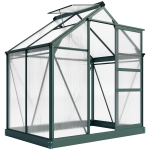 Outsunny 6 x 4ft Polycarbonate Greenhouse, Large Walk in Green House with Slide Door and Window, Garden Plants Grow House with Aluminium Frame and Foundation, Dark Green