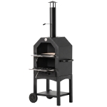 Outsunny Forno de Pizza Exterior com 2 Camadas Forno a Lenha com Rodas Gaveta Removível Prateleira para Jardim 64x54x160 cm Preto