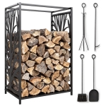 HOMCOM Suporte para Lenhas Suporte de Armazenamento para Lenhas 46x30x70 cm com 4 Ferramentas para Interior e Exterior Preto