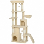 PawHut 170 cm Large Cat Tree, Cat Tower with 7 Scratching Posts, Tunnel, 2 Condos, Hammock, Perch, Ramp, Pompoms, Beige