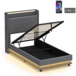 HOMCOM 3ft Single Bed Frame with Headboard, Platform Bed Frame with Hydraulic Storage, LED Lights and Charging Station, Grey