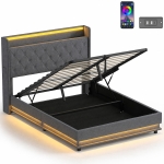 HOMCOM 4ft6 Double Bed Frame with Headboard, Platform Bed Frame with Hydraulic Storage, LED Lights and Charging Station, Grey