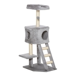 PawHut krabpaal kattenboom met kattengrot trap zacht kussen E1 MDF sisal lichtgrijs