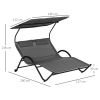 Chaise Longue De Jardin Avec Auvent Et Roulettes - 240x92x148 Cm, Acier Et Polyester, Gris Foncé - Max 120 Kg