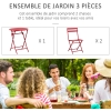 Salon Jardin Bistro Outsunny - Table Ronde + 2 Chaises Pliantes Rouge - Métal ThermoLaqué