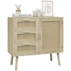 HOMCOM Mobile Multiuso Stile Boho con Armadietto e 3 Cassetti in Legno e Rattan, 80x36x75cm, Rovere