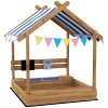 Outsunny Arenero Infantil con Toldo 6 Banderines 2 Bandejas Grifo y Pizarra en Forma de Casa para Patio 124x116x146 cm Marrón