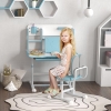 AIYAPLAY Tavolino da toilette per bambini con sgabello e specchio a LED, tavolino da toilette per bambina in legno con cassetti in tessuto, ripiani aperti e ganci per gioielli, tavolino da trucco