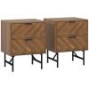 HOMCOM Bedside Table Set of 2 with 2 Drawers, Modern Side Tables with Herringbone Pattern and Metal Legs for Bedroom, Living Room, Walnut Brown