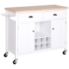 HOMCOM Carrito Auxiliar de Cocina con Ruedas Isla de Cocina Multiusos con Cajones Botellero Armarios Cerrados y Estante Cajón Blanco 113x45x89cm