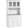 HOMCOM Armario de Cocina con 3 Puertas de Vidrio Compartimento Abierto 2 Cajones y Estantes Ajustables 100x40x180 cm Blanco