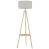 HOMCOM Lámpara de Pie Tipo Trípode con Estructura de Madera Natural y Pantalla de Tela Gris con Estante Integrado 48x48x153 cm