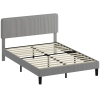 HOMCOM 140 x 190 cm Bed Frame, Wooden Slatted Base, Adjustable Headboard, Padded Double Bed in Corduroy Velvet, Gray