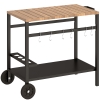 Outsunny 2-Tier BBQ Cart Side Table for Mobile Barbecue with Wheels, Drink Holder, Hooks, Handle, Black and Brown