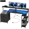 HOMCOM Bureau gaming en L avec LED et prises, avec support double écran, 165x80x91,5 cm, aspect bois noir
