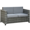 Outsunny Poly-Rattan Sofa mit Kissen 2-Sitzer Garten Loungesofa Metall Polyester Grau 130 x 70 x 80 cm
