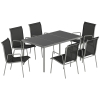 Set mobilier de grădină Outsunny, 7 piese, cu 6 scaune stivuibile din Textilenă și masă cu blat din sticlă, Negru și Argintiu