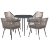 Outsunny 4 Seater Rattan Dining Set, Rattan Garden Furniture Set with Parasol Hole, Outdoor Dining Table and Chairs Set with Cushions, Round Glass Top Table for Patio, Balcony, Light Brown