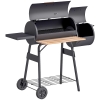 Outsunny Smoker Grill BBQ Holzkohlengrill Grillwagen Multifunktion mit 2 x Brennkammer Schornstein Metall + Tannenholz Schwarz 124 x 53 x 104 cm