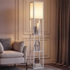HOMCOM 3-Tier Floor Lamp with Shelves and Storage, Modern Corner Standing Lamp with Lampshade, Foot Switch for Living Room, Bedroom, Home Office, Bulb not Included, White