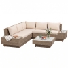 Outsunny 4 Pieces Rattan Garden Furniture Set, Garden Corner Sofa with Side Trays, Wicker Conservatory Furniture Set with Loveseats, Slatted Plastic Top Coffee Table and Cushions, Beige