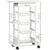 HOMCOM Chariot de service desserte de cuisine à roulettes multi-rangements 4 paniers métal tiroir + 4 range-bouteilles bois pin plateau carrelé blanc