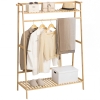 HOMCOM Appendiabiti in Bambù, Design Rialzato a 2 Livelli con Barra e 2 Ganci, 114x40x139 cm