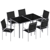 Outsunny 7 Piece Outdoor Garden Dining Set with Table and 6 Stackable Chairs, Steel Frame, Tempered Glass Top, Mesh Seats, Black