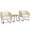 Outsunny Rattan Bistroset 3 teiliges FSC Gartenmöbel-Set mit 2 Sessel, Lamell-Holztisch, dicke waschbare Kissen Stahlrahmen