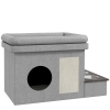 PawHut Kattenhuis, voerbak met 2 roestvrijstalen kommen, krabmat, zacht ligkussen, 78 x 48 x 49,5 cm, grijs