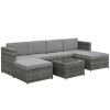 Outsunny 7-tlg. Polyrattan Gartengarnitur Gartenmöbel Garten-Set Sitzgruppe Loungeset Loungemöbel inkl. Fußhocker Sitzkissen Grau Stahl + Polyester 58 x 58 x 37 cm