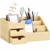 HOMCOM Desk Organiser Holder, Bamboo Multi-Function Storage Caddy with 7 Storage Compartments and 2 Drawers for Home Office Stationary Supplies, Natural Bamboo