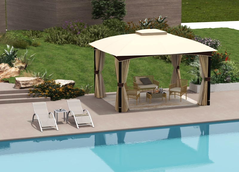 Paradis piscine: pavillon chic & chaises confort.