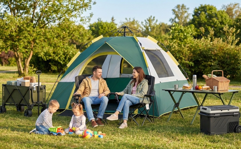 Camping en famille dans la nature verdoyante