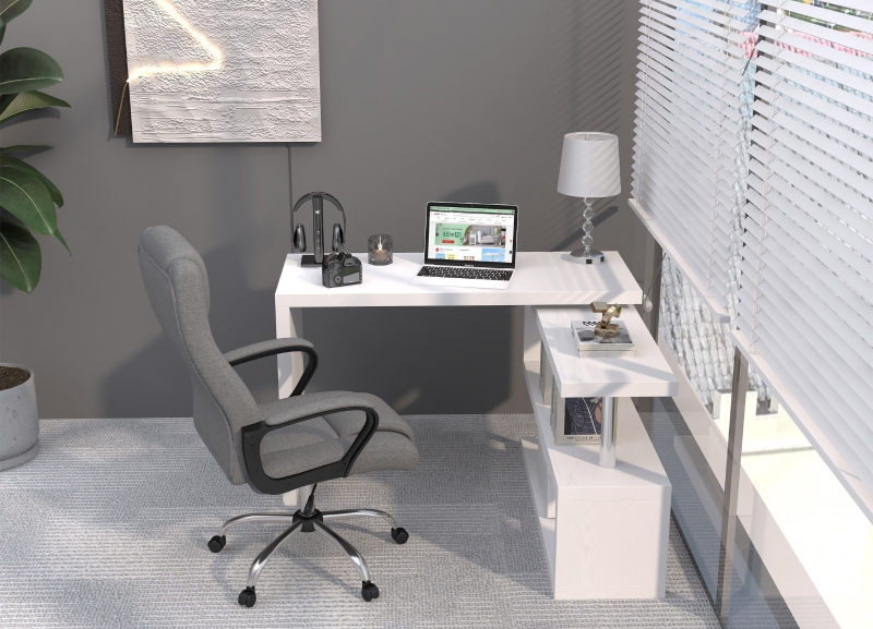 HOMCOM Mesa de Ordenador PC Escritorio de Esquina Giratorio 360 Grados en  Forma de L con Estantes para Oficina en Casa 114x120x76,1 cm Blanco
