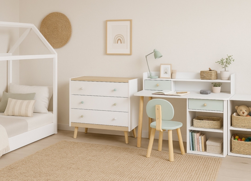 Quarto infantil com espaço de estudo