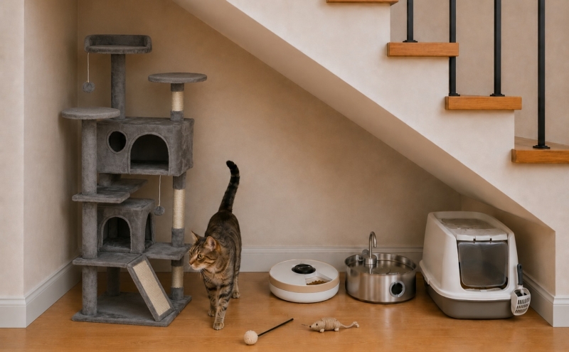 Zona para gatos debaixo das escadas